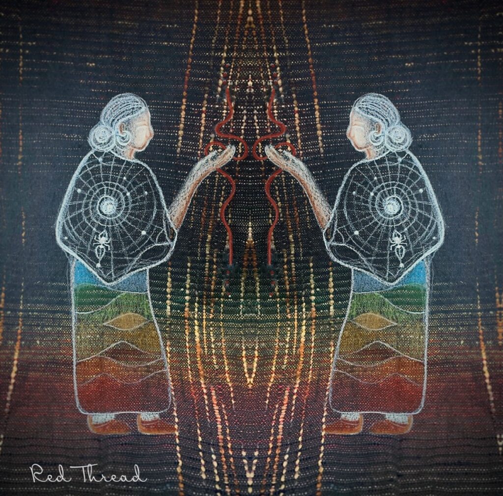 A photograph of a woven image of two women weaving, with the words 'Red Thread' written on the bottom left.